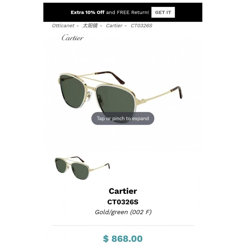 Cartier CT0326S Sunglasses In Gold Silver Dark Green