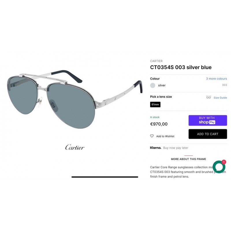 Cartier CT0354S Sunglasses In Silver Blue