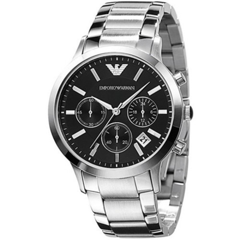 NEW EMPORIO ARMANI AR2434 STAINLESS STEEL BLACK DIAL CHRONOGRAPH MENS WATCH